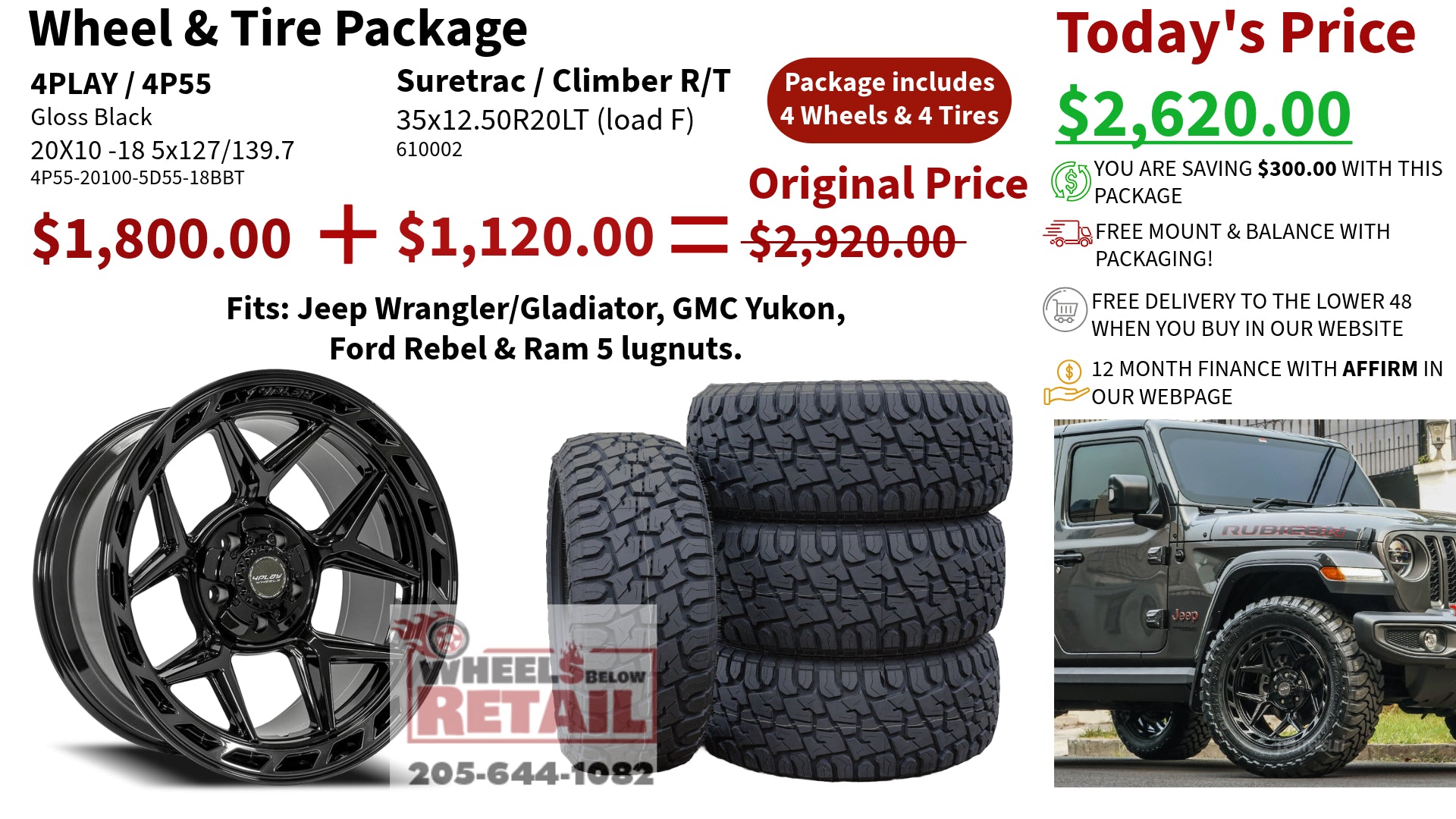 SET OF 4 WHEEL & TIRE PACKAGE | 4Play 4P55 20x10 -18 5x127/5x139.7 Gloss Black | 35x12.50R20 SureTrac Wide Climber R/T I