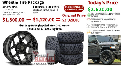 SET OF 4 WHEEL & TIRE PACKAGE | 4Play 4P55 20x10 -18 5x127/5x139.7 Gloss Black | 35x12.50R20 SureTrac Wide Climber R/T I