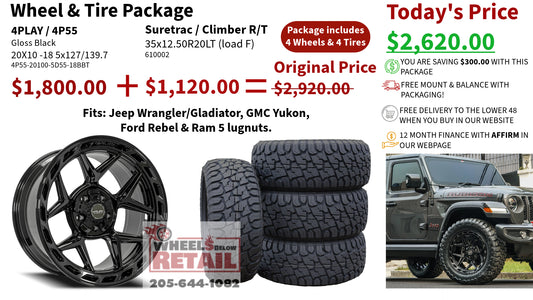 SET OF 4 WHEEL & TIRE PACKAGE | 4Play 4P55 20x10 -18 5x127/5x139.7 Gloss Black | 35x12.50R20 SureTrac Wide Climber R/T I