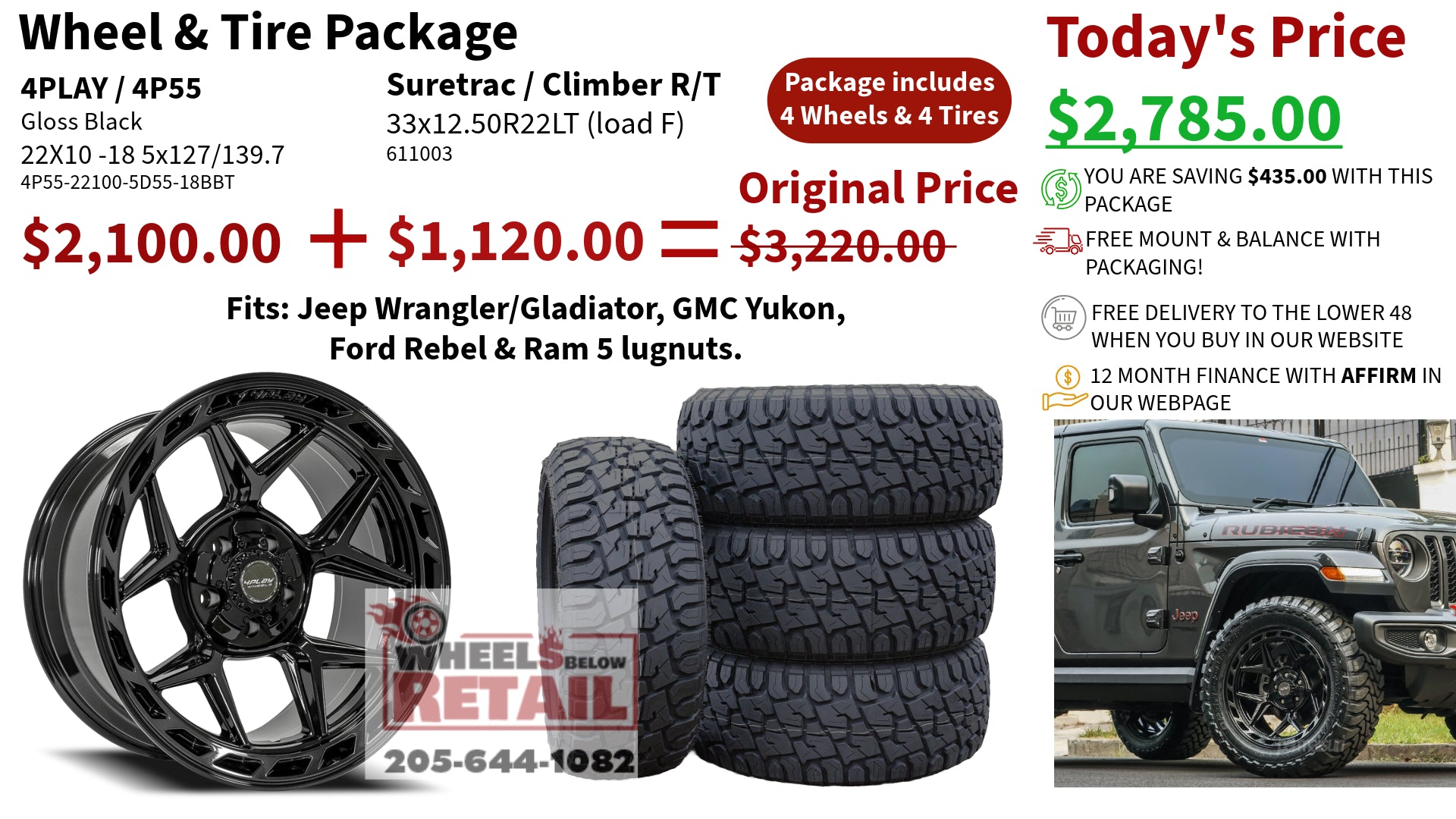 SET OF 4 WHEEL & TIRE PACKAGE | 4Play 4P55 22x10 -18 5x127/5x139.7 Gloss Black | 33x12.50R22 SureTrac Wide Climber R/T I