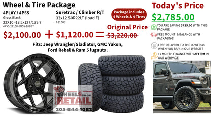 SET OF 4 WHEEL & TIRE PACKAGE | 4Play 4P55 22x10 -18 5x127/5x139.7 Gloss Black | 33x12.50R22 SureTrac Wide Climber R/T I