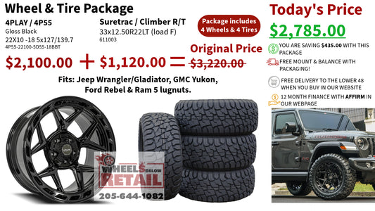 SET OF 4 WHEEL & TIRE PACKAGE | 4Play 4P55 22x10 -18 5x127/5x139.7 Gloss Black | 33x12.50R22 SureTrac Wide Climber R/T I