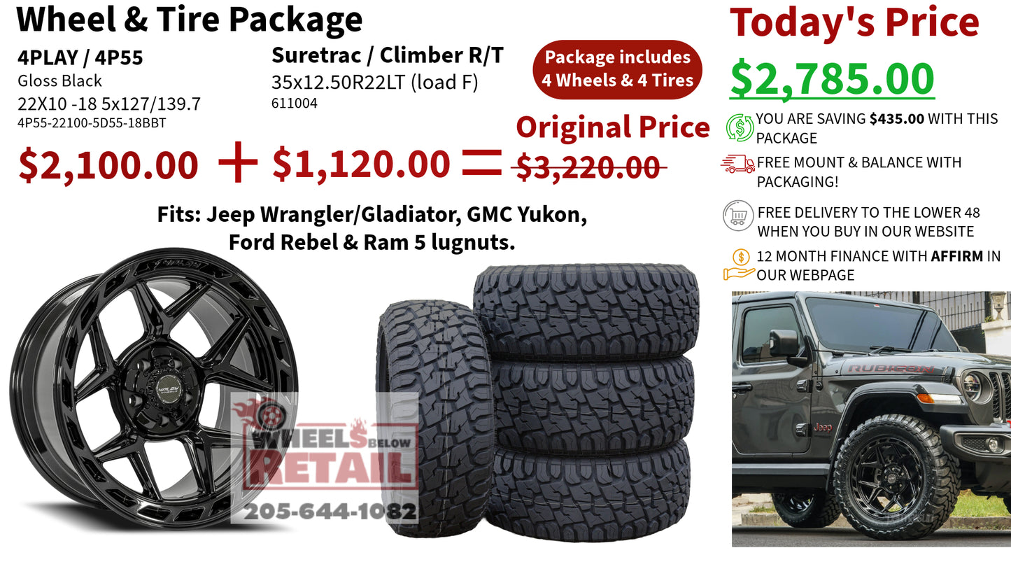SET OF 4 WHEEL & TIRE PACKAGE | 4Play 4P55 22x10 -18 5x127/5x139.7 Gloss Black | 35x12.50R22 SureTrac Wide Climber R/T I