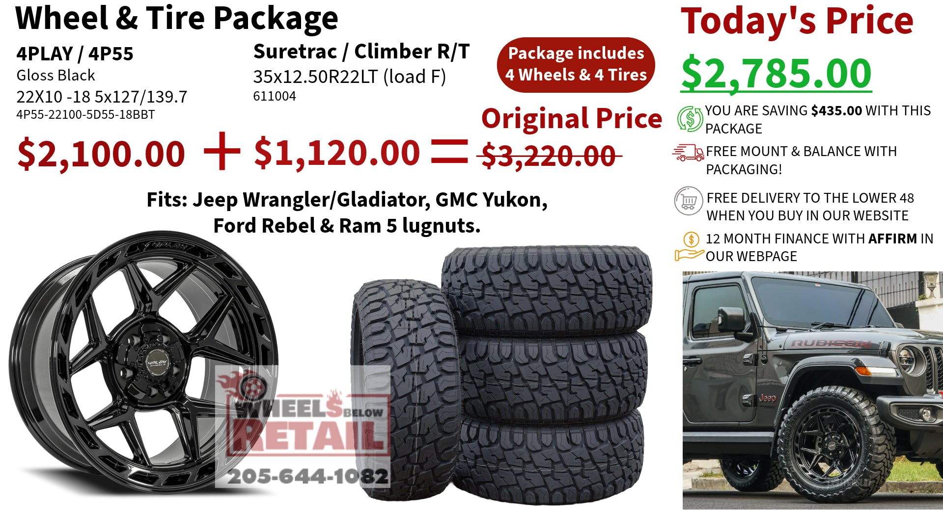 SET OF 4 WHEEL & TIRE PACKAGE | 4Play 4P55 22x10 -18 5x127/5x139.7 Gloss Black | 35x12.50R22 SureTrac Wide Climber R/T I