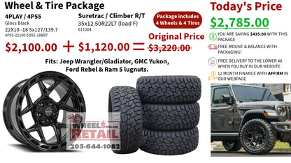 SET OF 4 WHEEL & TIRE PACKAGE | 4Play 4P55 22x10 -18 5x127/5x139.7 Gloss Black | 35x12.50R22 SureTrac Wide Climber R/T I