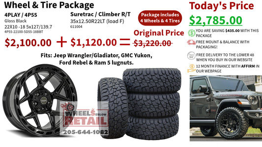 SET OF 4 WHEEL & TIRE PACKAGE | 4Play 4P55 22x10 -18 5x127/5x139.7 Gloss Black | 35x12.50R22 SureTrac Wide Climber R/T I