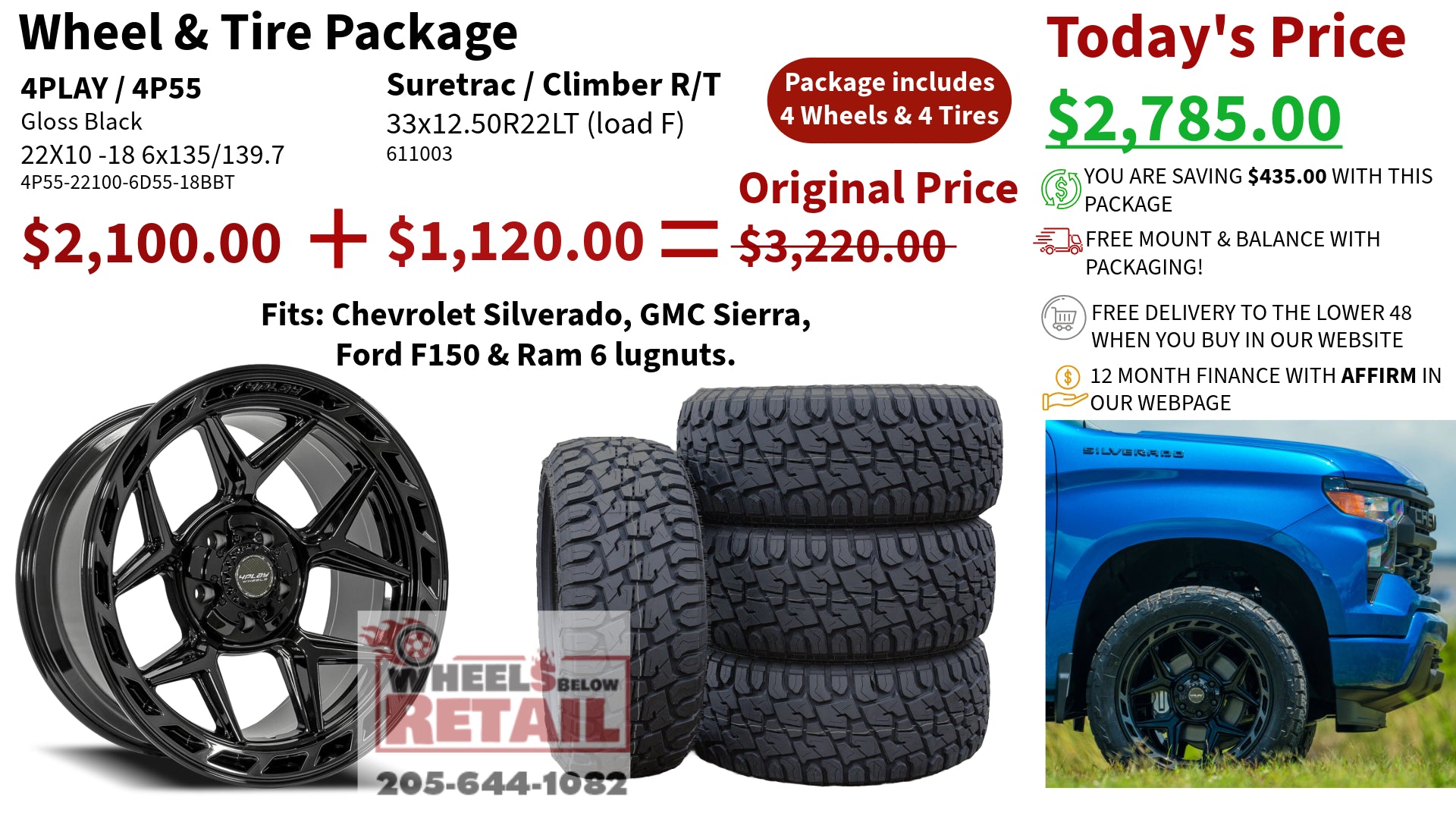 SET OF 4 WHEEL & TIRE PACKAGE | 4Play 4P55 22x10 -18 6x135/6x139.7 Gloss Black Brushed | 33x12.50R22 SureTrac Wide Climber R/T I