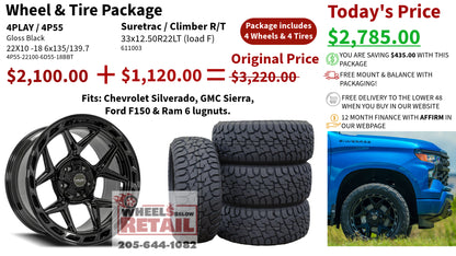 SET OF 4 WHEEL & TIRE PACKAGE | 4Play 4P55 22x10 -18 6x135/6x139.7 Gloss Black Brushed | 33x12.50R22 SureTrac Wide Climber R/T I