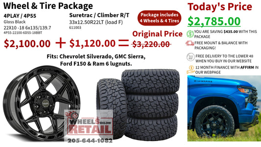 SET OF 4 WHEEL & TIRE PACKAGE | 4Play 4P55 22x10 -18 6x135/6x139.7 Gloss Black Brushed | 33x12.50R22 SureTrac Wide Climber R/T I