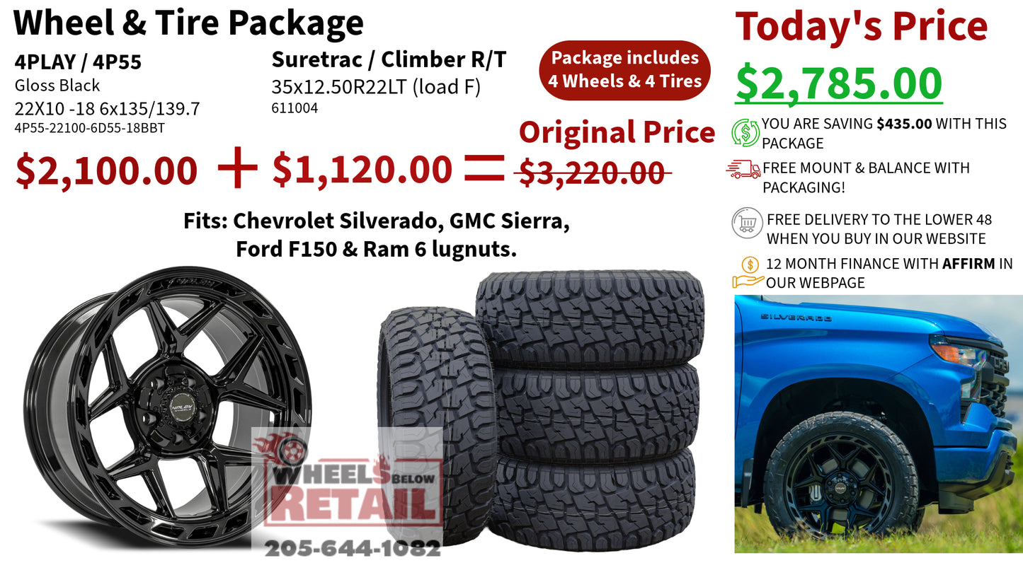 SET OF 4 WHEEL & TIRE PACKAGE | 4Play 4P55 22x10 -18 6x135/6x139.7 Gloss Black Brushed | 35x12.50R22 SureTrac Wide Climber R/T I