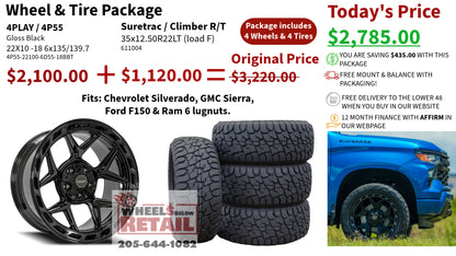 SET OF 4 WHEEL & TIRE PACKAGE | 4Play 4P55 22x10 -18 6x135/6x139.7 Gloss Black Brushed | 35x12.50R22 SureTrac Wide Climber R/T I