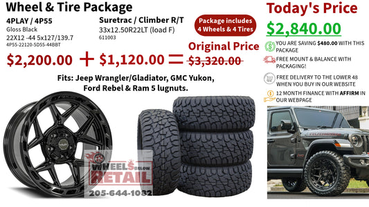 SET OF 4 WHEEL & TIRE PACKAGE | 4Play 4P55 22x12 -44 5x127/5x139.7 Gloss Black | 33x12.50R22 SureTrac Wide Climber R/T I