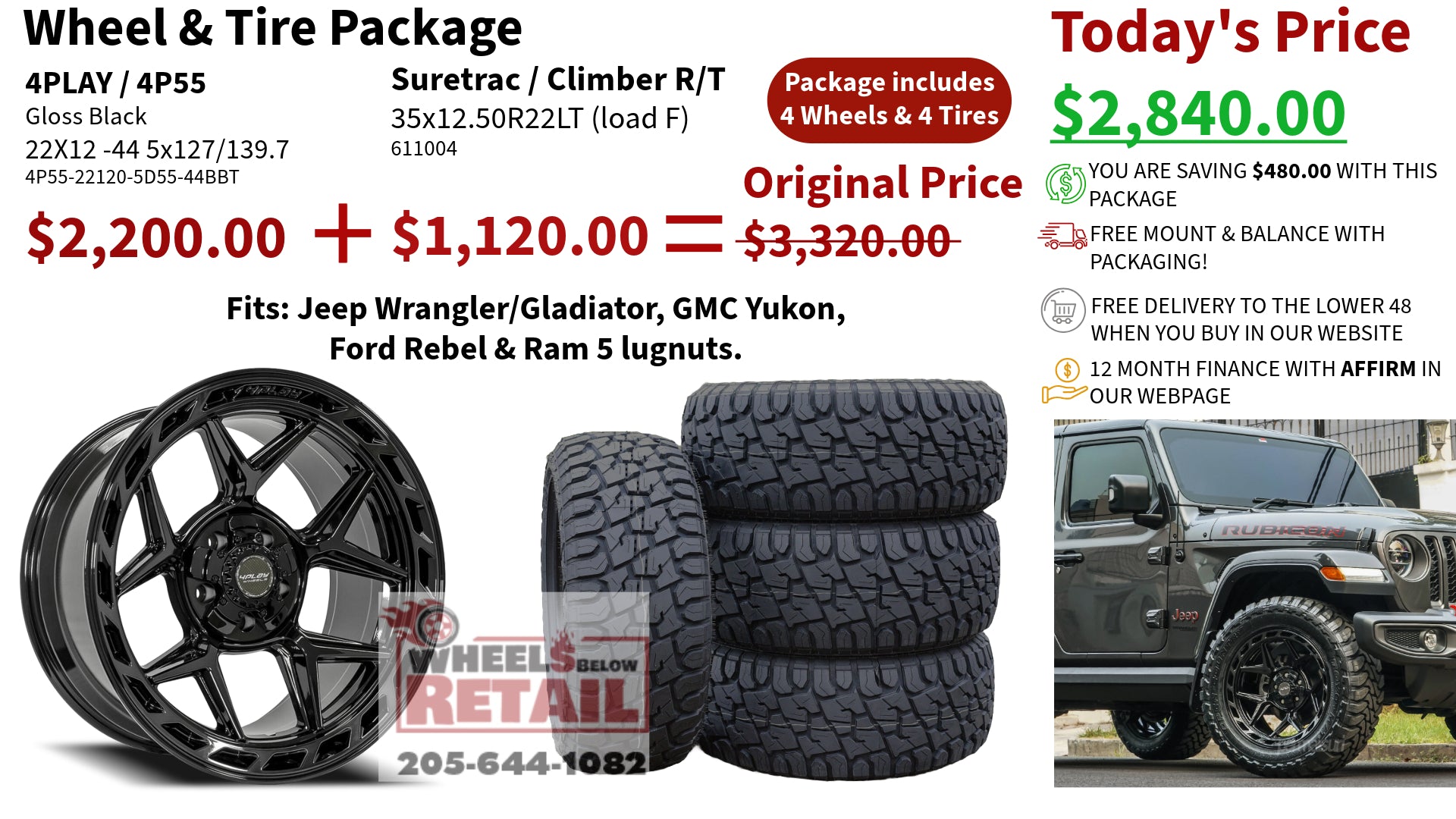 SET OF 4 WHEEL & TIRE PACKAGE | 4Play 4P55 22x12 -44 5x127/5x139.7 Gloss Black | 35x12.50R22 SureTrac Wide Climber R/T I