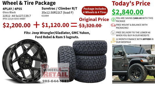 SET OF 4 WHEEL & TIRE PACKAGE | 4Play 4P55 22x12 -44 5x127/5x139.7 Gloss Black | 35x12.50R22 SureTrac Wide Climber R/T I