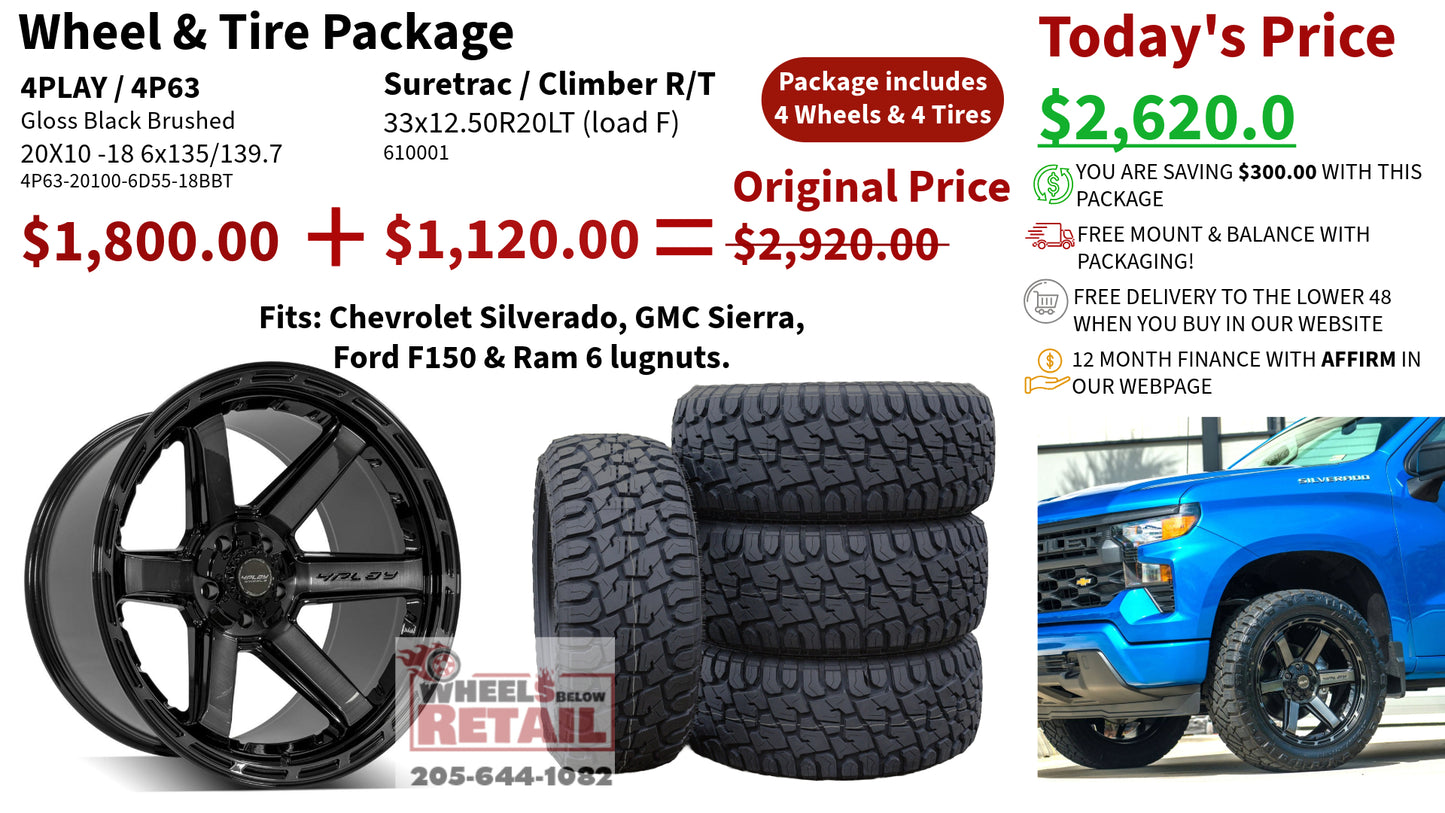 SET OF 4 WHEEL & TIRE PACKAGE | 4Play 4P63 20x10 -18 6x135/6x139.7 Gloss Black | 33x12.50R20 SureTrac Wide Climber R/T I