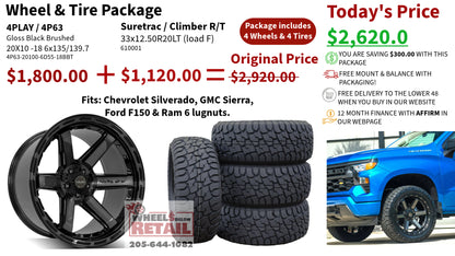 SET OF 4 WHEEL & TIRE PACKAGE | 4Play 4P63 20x10 -18 6x135/6x139.7 Gloss Black | 33x12.50R20 SureTrac Wide Climber R/T I