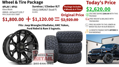 SET OF 4 WHEEL & TIRE PACKAGE | 4Play 4P83 20x10 -18 5x127/5x139.7 Gloss Black | 33x12.50R20 SureTrac Wide Climber R/T I