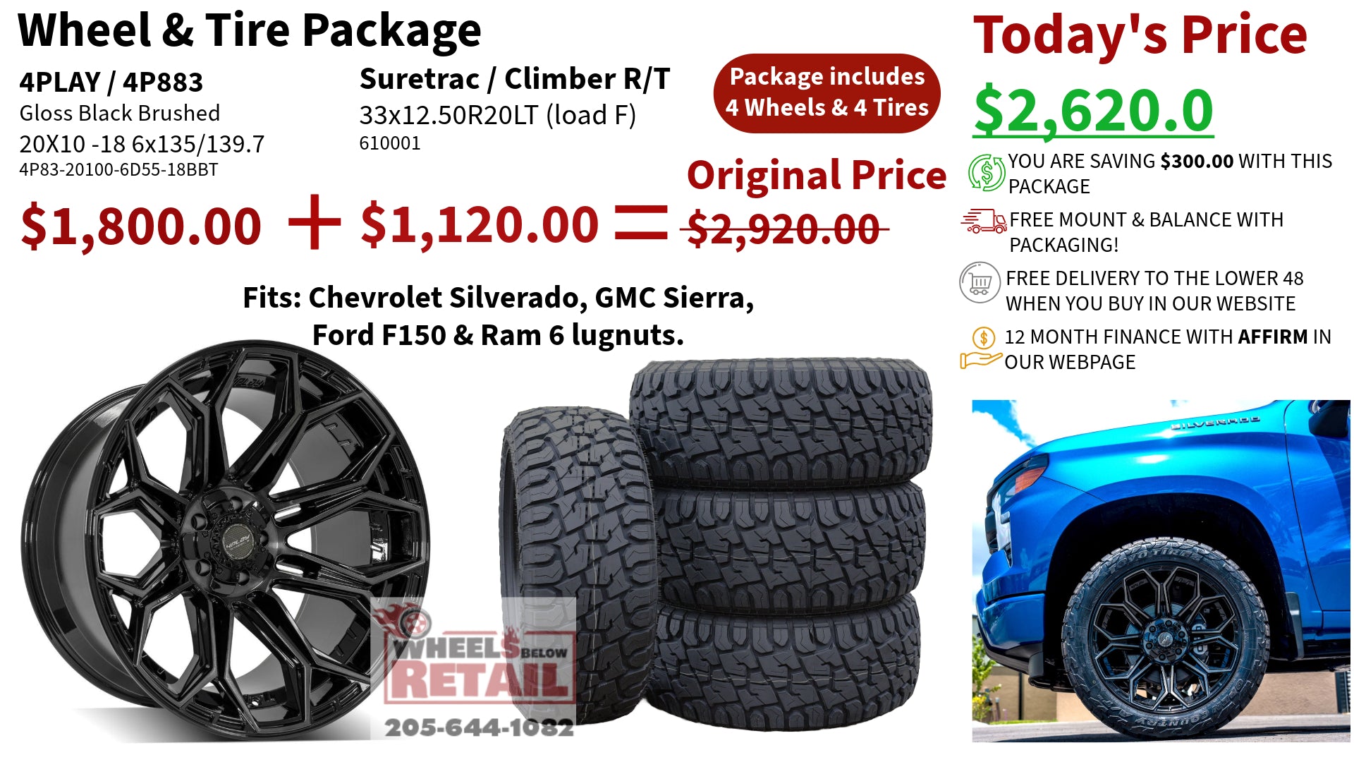 SET OF 4 WHEEL & TIRE PACKAGE | 4Play 4P83 20x10 -18 6x135/6x139.7 Gloss Black | 33x12.50R20 SureTrac Wide Climber R/T I
