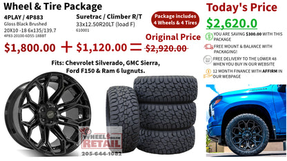 SET OF 4 WHEEL & TIRE PACKAGE | 4Play 4P83 20x10 -18 6x135/6x139.7 Gloss Black | 33x12.50R20 SureTrac Wide Climber R/T I