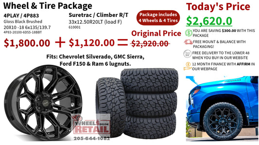 SET OF 4 WHEEL & TIRE PACKAGE | 4Play 4P83 20x10 -18 6x135/6x139.7 Gloss Black | 33x12.50R20 SureTrac Wide Climber R/T I