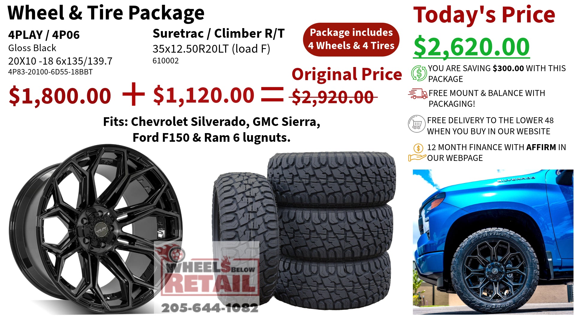 SET OF 4 WHEEL & TIRE PACKAGE | 4Play 4P83 20x10 -18 6x135/6x139.7 Gloss Black | 35x12.50R20 SureTrac Wide Climber R/T I
