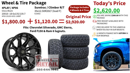 SET OF 4 WHEEL & TIRE PACKAGE | 4Play 4P83 20x10 -18 6x135/6x139.7 Gloss Black | 35x12.50R20 SureTrac Wide Climber R/T I