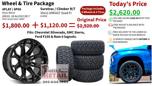 SET OF 4 WHEEL & TIRE PACKAGE | 4Play 4P83 20x10 -18 6x135/6x139.7 Gloss Black | 35x12.50R20 SureTrac Wide Climber R/T I