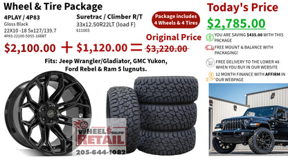SET OF 4 WHEEL & TIRE PACKAGE | 4Play 4P83 22x10 -18 5x127/5x139.7 Gloss Black | 33x12.50R22 SureTrac Wide Climber R/T I