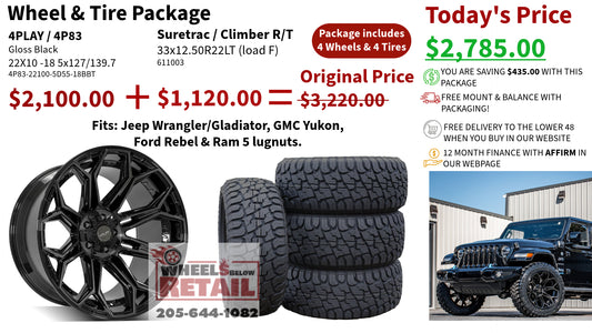 SET OF 4 WHEEL & TIRE PACKAGE | 4Play 4P83 22x10 -18 5x127/5x139.7 Gloss Black | 33x12.50R22 SureTrac Wide Climber R/T I