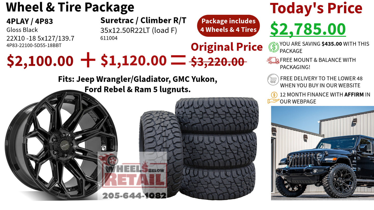 SET OF 4 WHEEL & TIRE PACKAGE | 4Play 4P83 22x10 -18 5x127/5x139.7 Gloss Black | 35x12.50R22 SureTrac Wide Climber R/T I