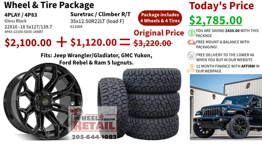SET OF 4 WHEEL & TIRE PACKAGE | 4Play 4P83 22x10 -18 5x127/5x139.7 Gloss Black | 35x12.50R22 SureTrac Wide Climber R/T I