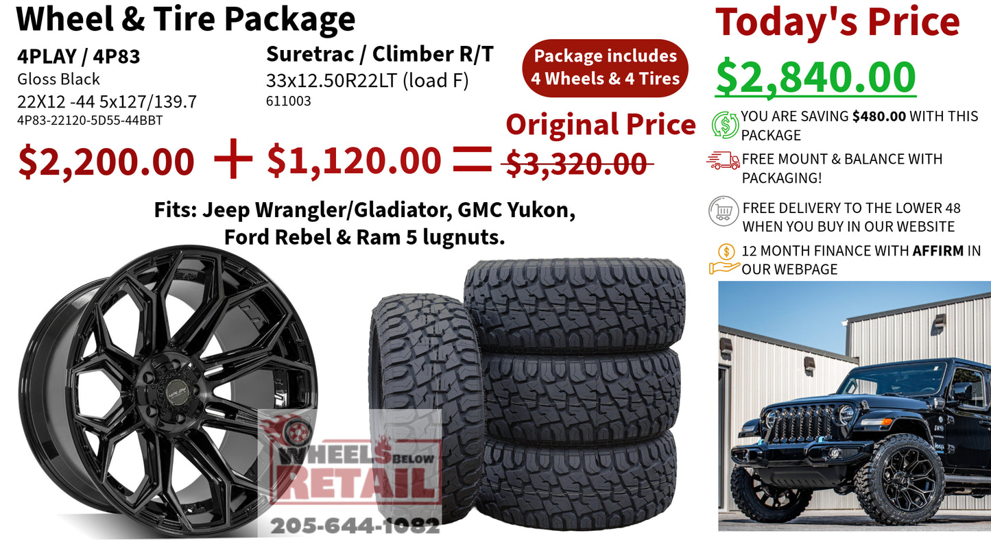 SET OF 4 WHEEL & TIRE PACKAGE | 4Play 4P83 22x12 -44 5x127/5x139.7 Gloss Black | 33x12.50R22 SureTrac Wide Climber R/T I