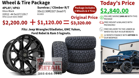 SET OF 4 WHEEL & TIRE PACKAGE | 4Play 4P83 22x12 -44 5x127/5x139.7 Gloss Black | 33x12.50R22 SureTrac Wide Climber R/T I