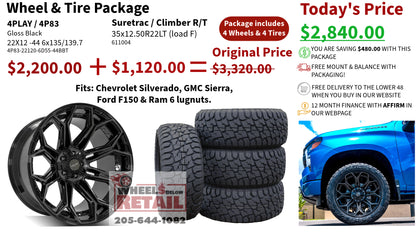 SET OF 4 WHEEL & TIRE PACKAGE | 4Play 4P83 22x12 -44 6x135/6x139.7 Gloss Black | 35x12.50R22LT SureTrac Wide Climber R/T I