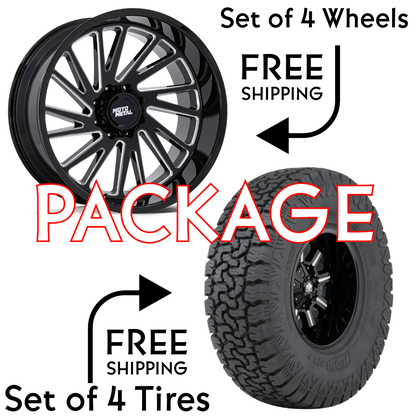 SET OF 4 WHEEL & TIRE PACKAGE - MOTO METAL MO811 COMBAT 20X10 -18 6X139.7 GLOSS BLACK MILLED | AMP PRO AT 33X12.50R20