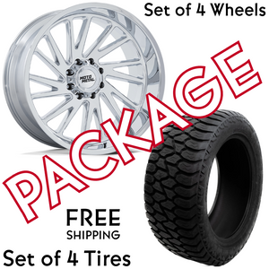 SET OF 4 WHEEL & TIRE PACKAGE | MOTO METAL MO811 COMBAT 20X10 -18 6X139.7 CHROME | AMP TERRAIN ATTACK AT A 275/55R20 (31.9X10.8R 20)