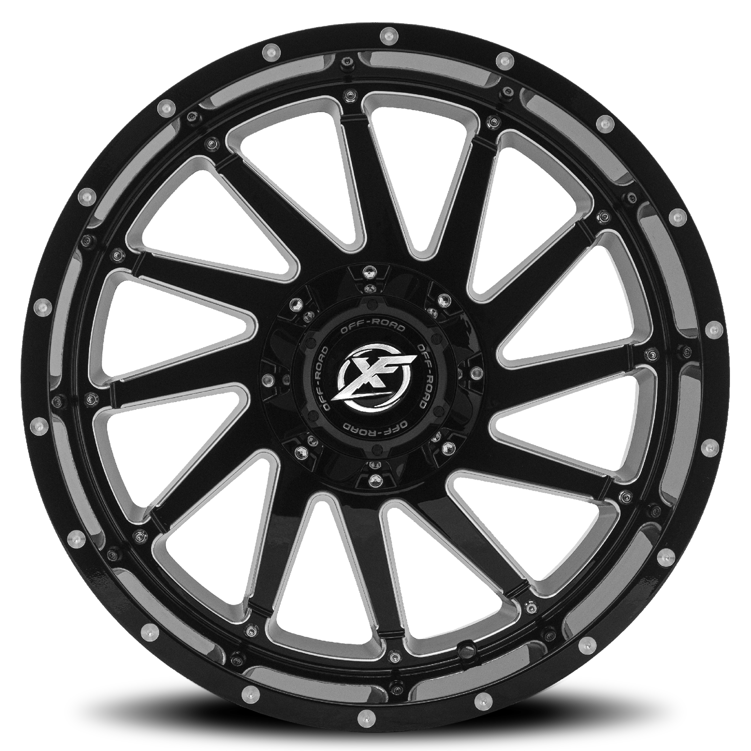 XF OFF-ROAD XF-216 20X10 -12 8X165.1/8X170 GLOSS BLACK MILLED W/RIVETS
