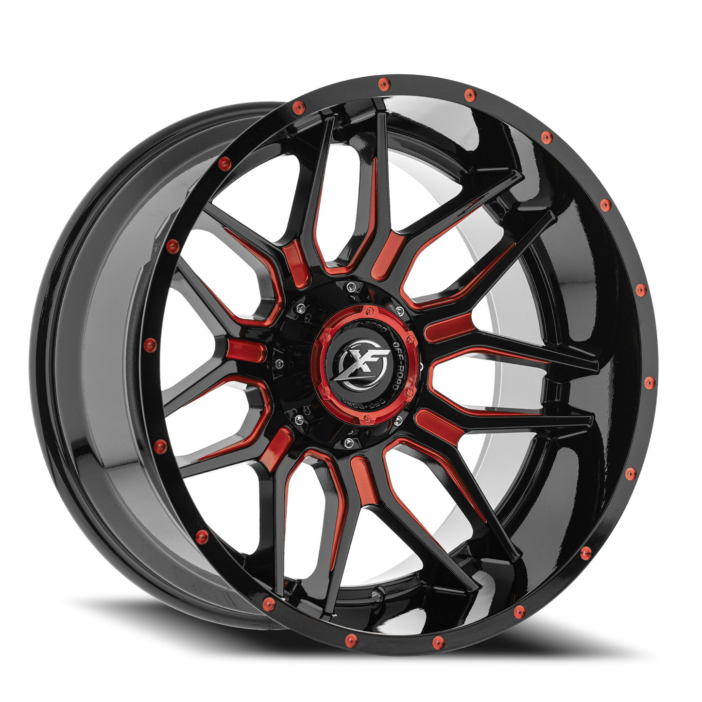 XF OFF-ROAD XF-222 22X12 -44 6X135/6X139.7 GLOSS BLACK & RED MILLED