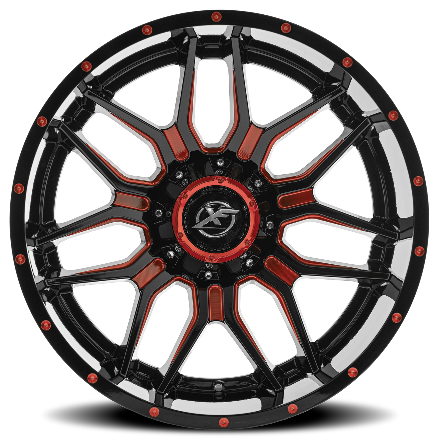 XF OFF-ROAD XF-222 22X12 -44 5X127/5X139.7 GLOSS BLACK & RED MILLED