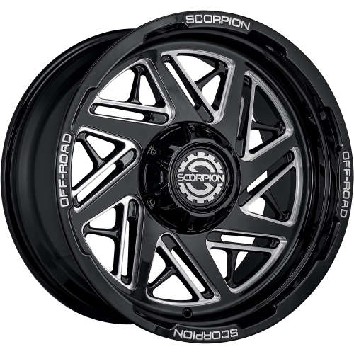SCORPION DEMOLITION 22X12 -44 6X135/6X139.7 GLOSS BLACK WITH MILLED SPOKE WINDOWS