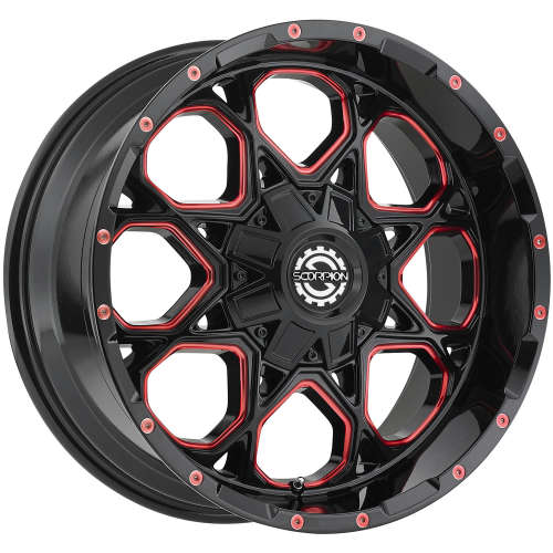 SCORPION SC10 20X9 +12 6X135/6X139.7 BLACK WITH MILLED SPOKE EDGES AND A RED CLEAR COAT