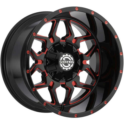 SCORPION SC16 20X10 -19 8X165 BLACK WITH MILLED SPOKE EDGES AND A RED CLEAR COAT
