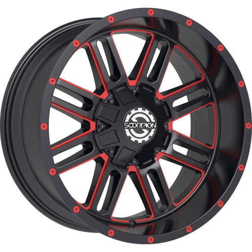 SCORPION SC18 20X12 -44 5X127/5X139.7 BLACK WITH MILLED SPOKE EDGES AND A RED CLEAR COAT