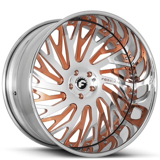 21" Staggered Forgiato Wheels Biaforca Brushed Silver Face with Rose Gold Accents and Chrome Lip Forged Rims