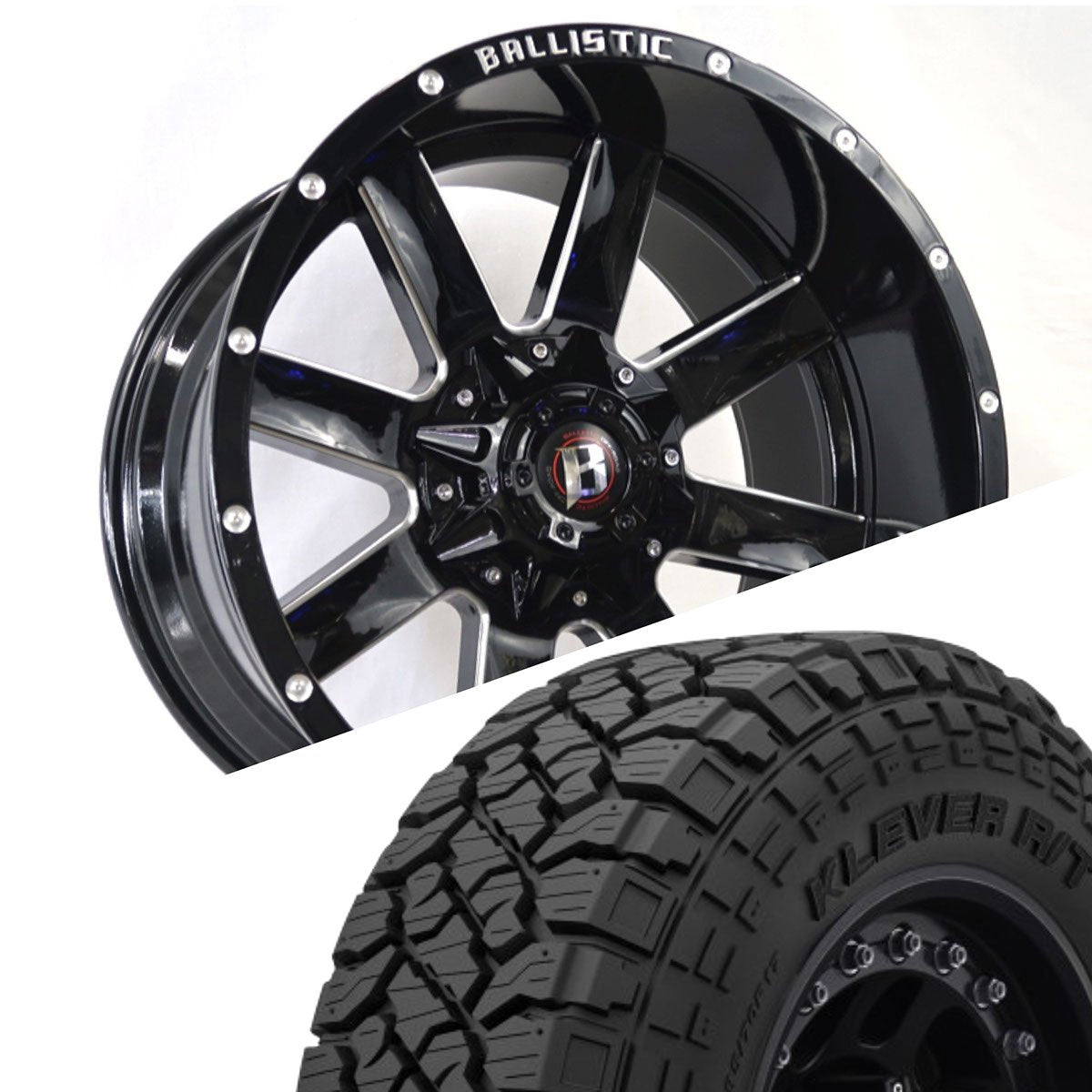 Ballistic 959 20x10 ET-19 5x127(5x5)/5x139.7(5x5.5) Gloss Black Milled (Wheel and Tire Package)