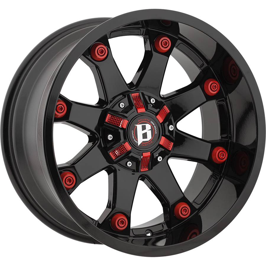 BALLISTIC BEAST 22X12 5X135/139.7 -44 GLOSS BLACK w/RED ACCENTS