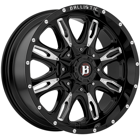 BALLISTIC 953-SCYTHE 17X9 5X114.3/127 -12 GLOSS BLACK w/ MILLED WINDOWS