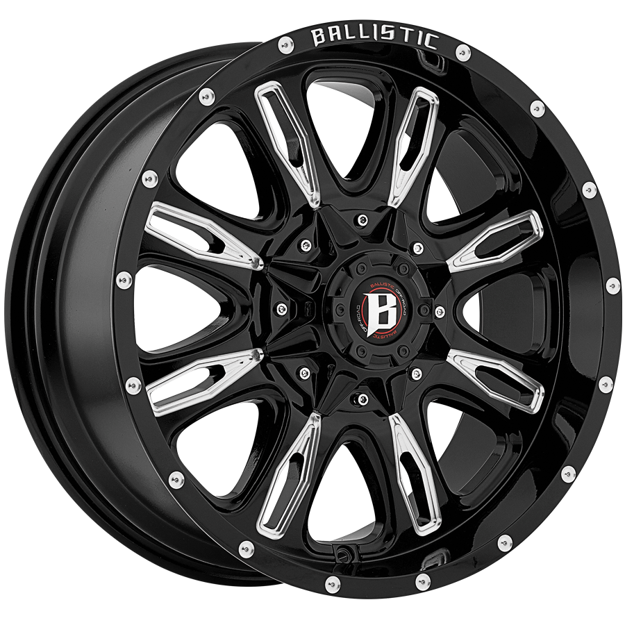BALLISTIC 953-SCYTHE 20X9 5X114.3/127 -12 GLOSS BLACK w/ MILLED WINDOWS