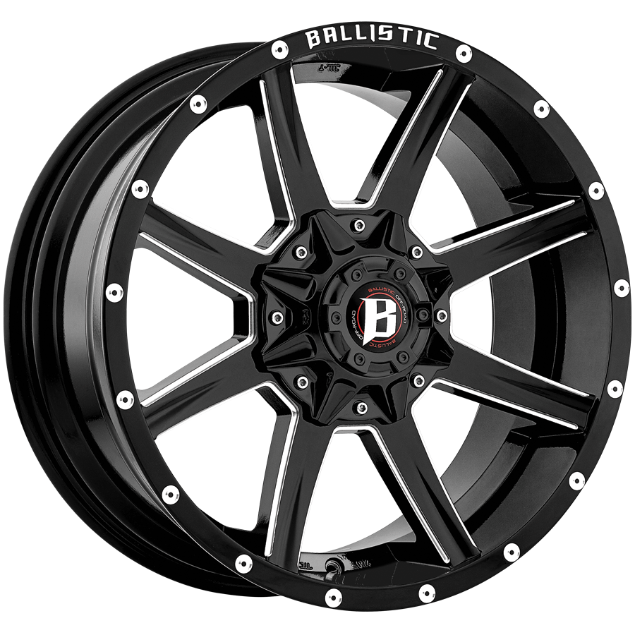 BALLISTIC 956-RAZORBACK 20X9 5X114.3/127 -12 GLOSS BLACK w/ MILLED WINDOWS