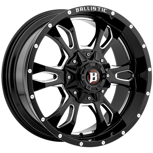 BALLISTIC 957-MACE 20X9 6X135/139.7 +25 GLOSS BLACK w/ MILLED WINDOWS
